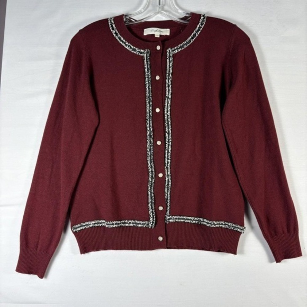 Simple Retro Burgundy Cardigan Tweed Trim Gold Button Knit Sweater Large 22668‎